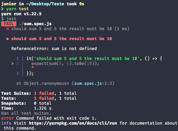 imagem do terminal com erro ao executar o teste