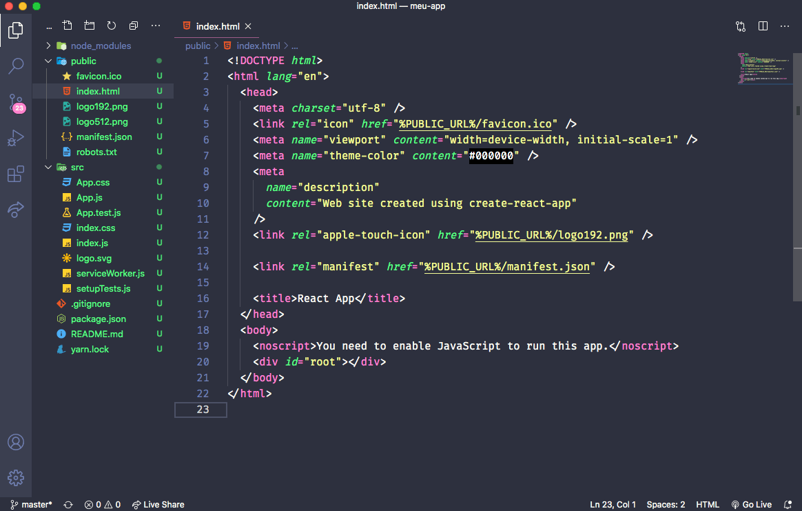 Arquivo index.html aberto no VS Code