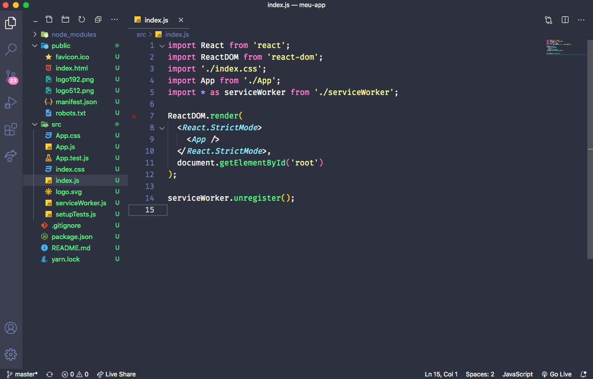 Arquivo index.js aberto no VS Code