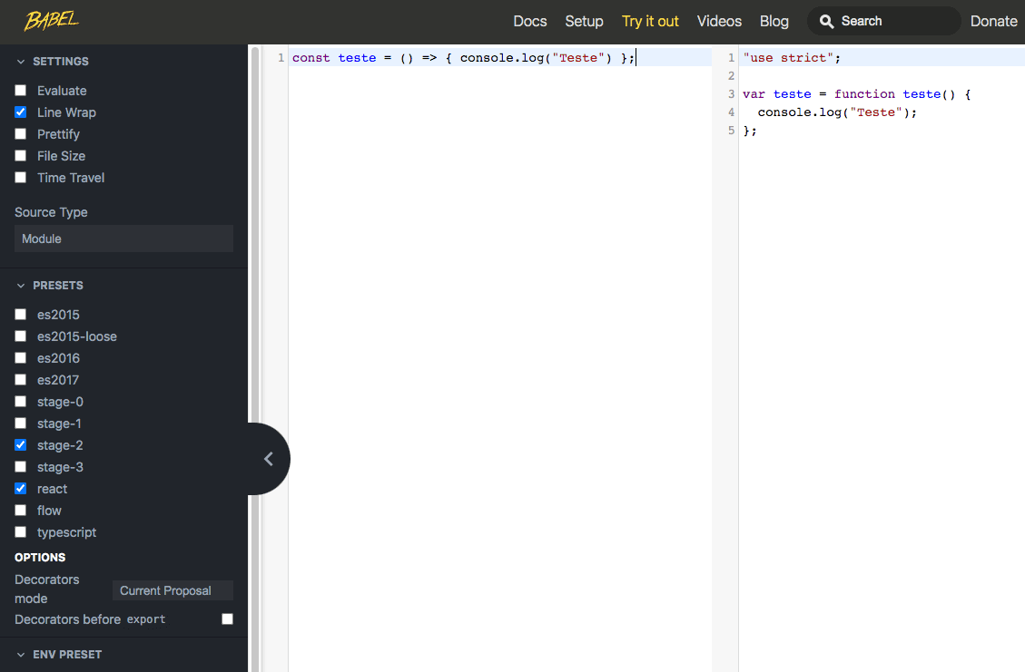 Exemplo dentro do site do Babel.js