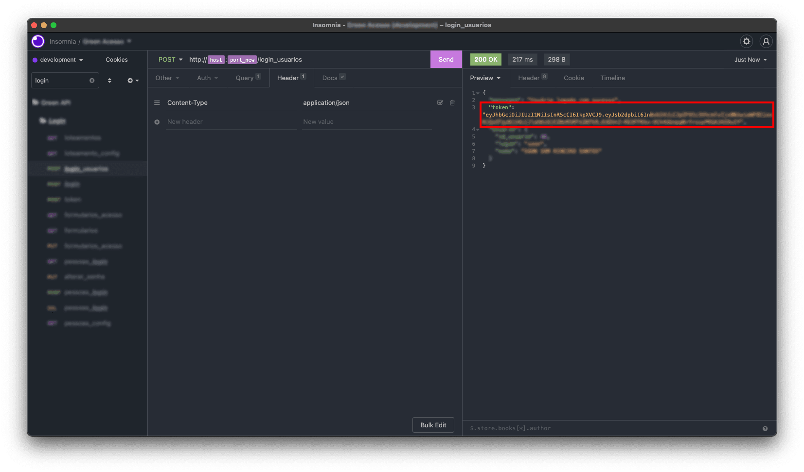 Insomnia aberto mostrando endpoint de login